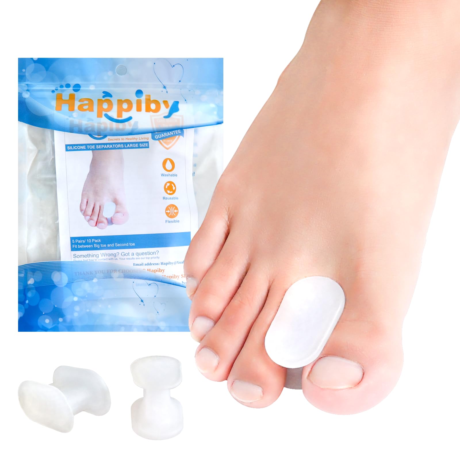 Toe Spacers(1/2"), Happiby Silicone Toe Separators for Bunion, Overlapping Toes and Toe Pain Relief, Big Toe Alignment, 5 Pairs/10 Pcs