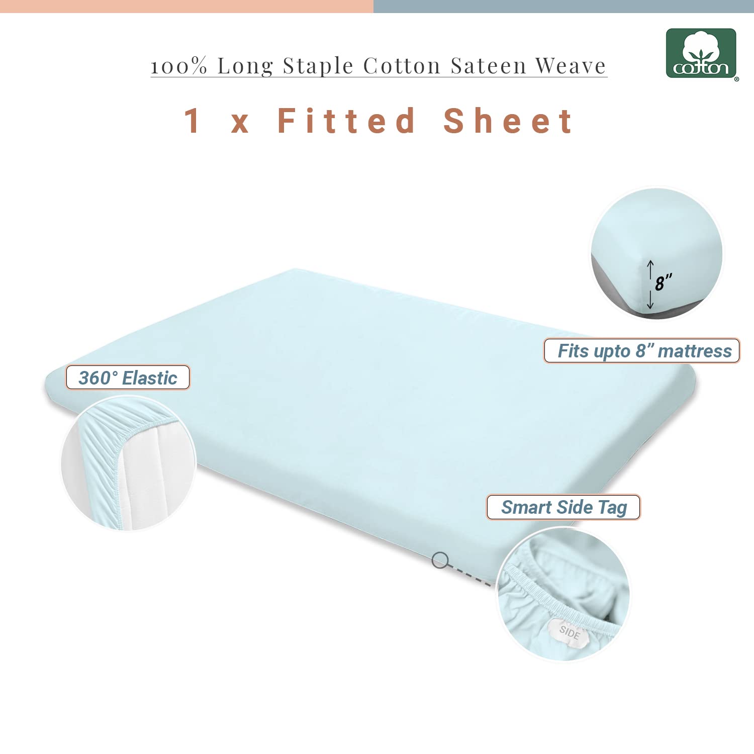 Pizuna 100% Cotton Fitted Travel Sheet Baby Blue, 400 Thread Count Long Staple Cotton Fitted Travel Sheet 60x120 cm - Image 3