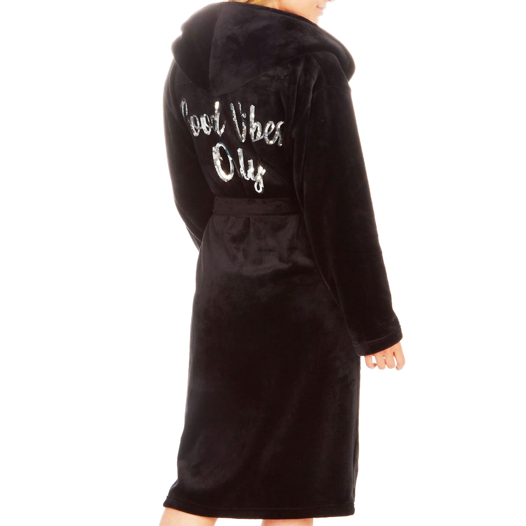 i-Smalls Robe de chambre à capuche en polaire super chaude avec slogan à paillettes Good Vibes Only