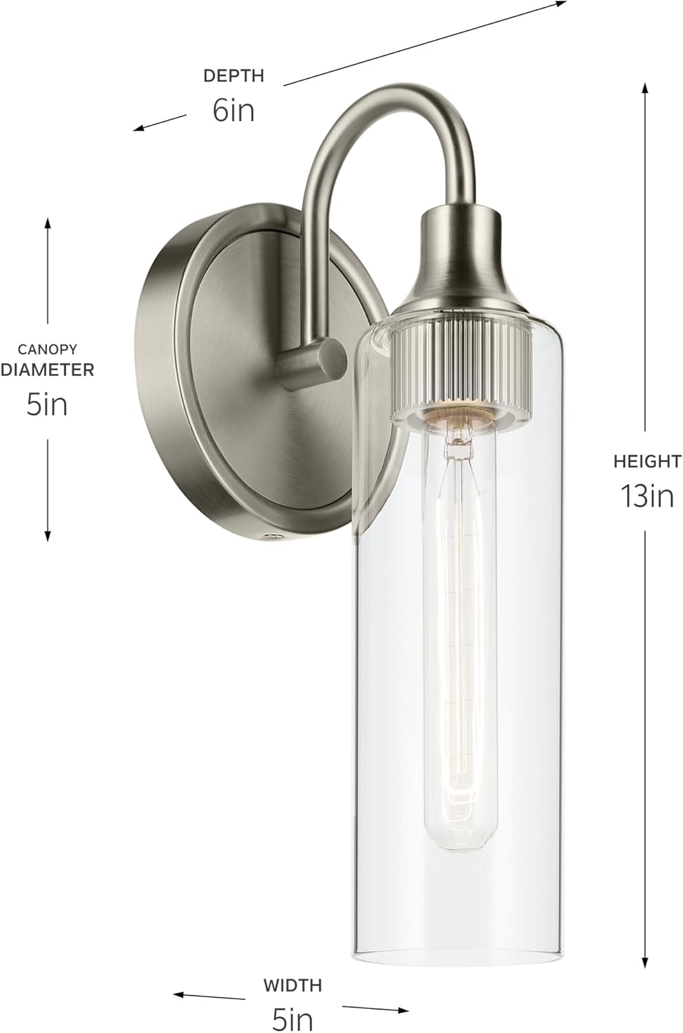 Kichler Kavi 5" 1-Light Wall Sconce with Clear Glass in Brushed Nickel, Damp Rated, for Bathroom, Powder Room, Kitchen, Hallway, Bedroom, Fireplace, (5" W x 13" H), 55209NI