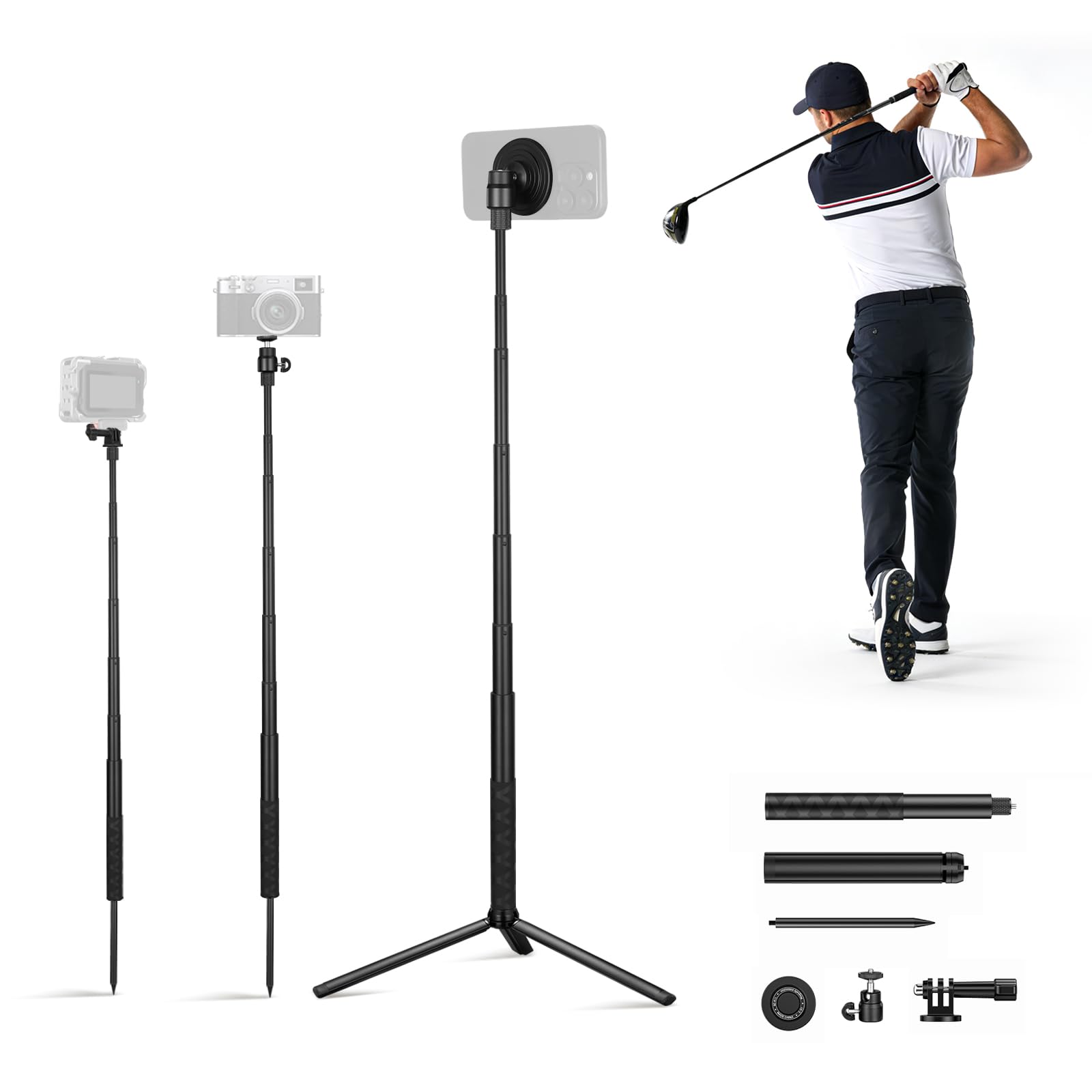 CAMOLOGEEK Monopode et trépied Perche à selfie pour enregistrer le golf Swing Entraînement Aide à l'entraînement avec piquet de terre et adaptateur pour GoPro et vis 6,35 mm, support magnétique de