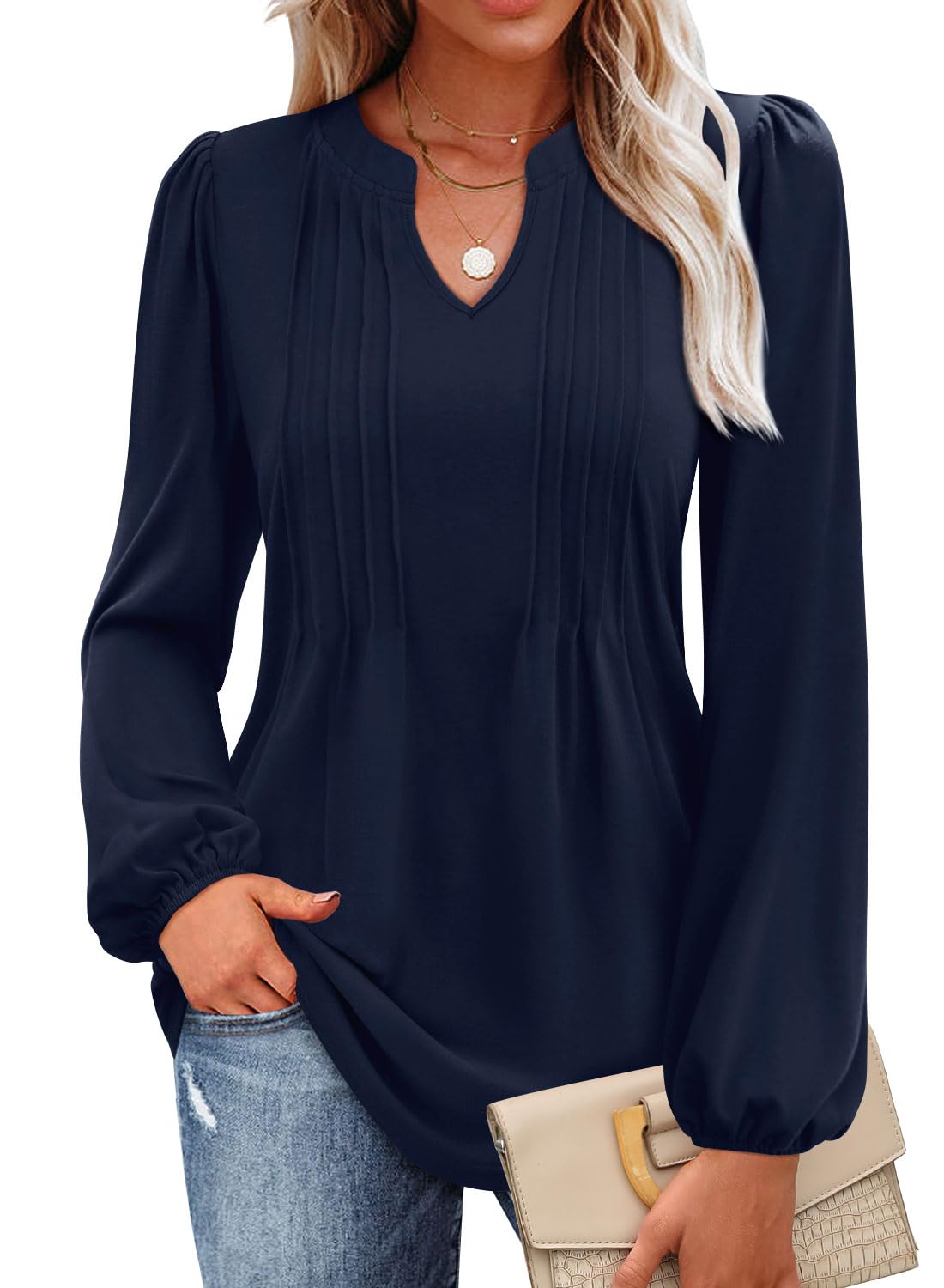MIHOLL Women's V Neck Puff Long Sleeve T Shirts Pleated Casual Loose Tunic Blouse