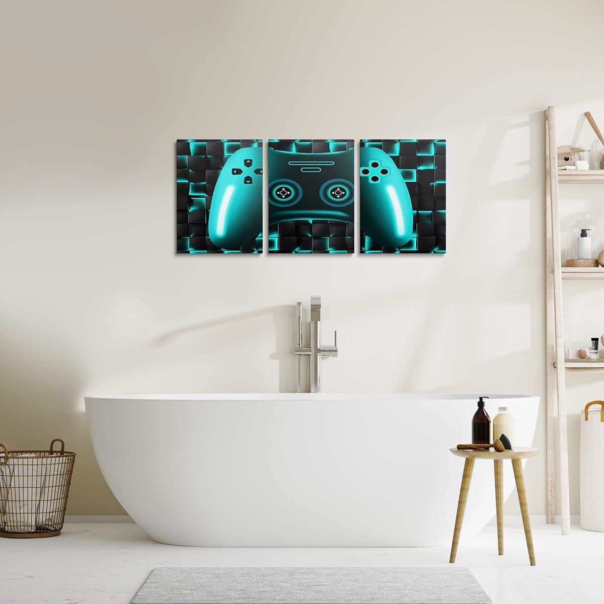 Erosebridal 3 Pcs Boys Gaming Room Wall Decor Gamer Wall Art For Kids Teen Boys Game Bedroom,Neon Teal Glowing Geometric Grid Pictures Poster Prints,Black Abstract Check Square Wall Paintings 12"X16"