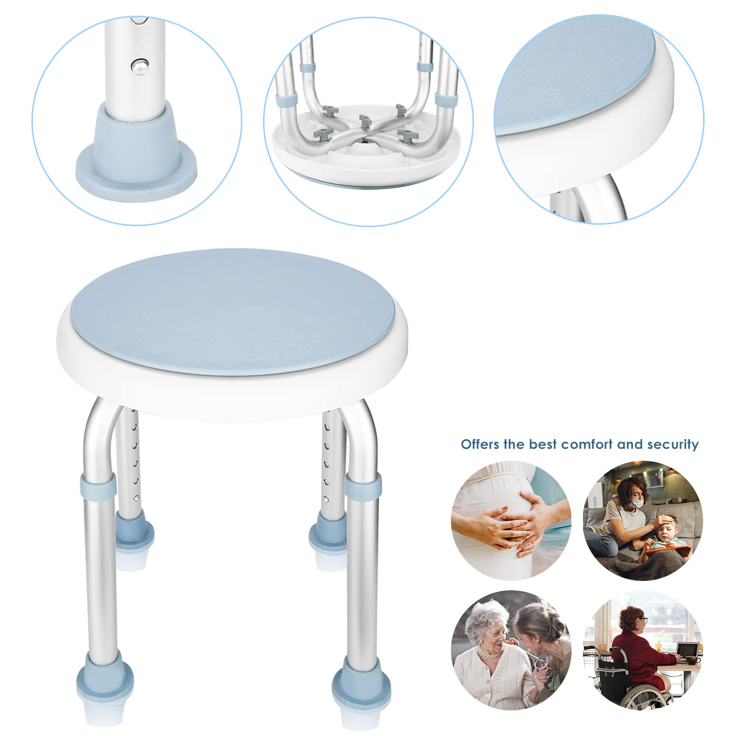 Sonnewelt Duschhocker Duschstuhl Belastung 136kg 360°Drehbar Badhockerund Höhenverstellbar 36-51 cm Anti-Rutsch-Füße Stabil badhocker für die dusche-Ohne Bohren