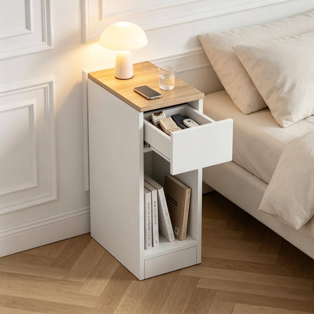20CM Small Bedside Table White with Storage, Slim Narrow Wood Side Table Nightstand Cabinet for Sofa Bed (White with oak top)