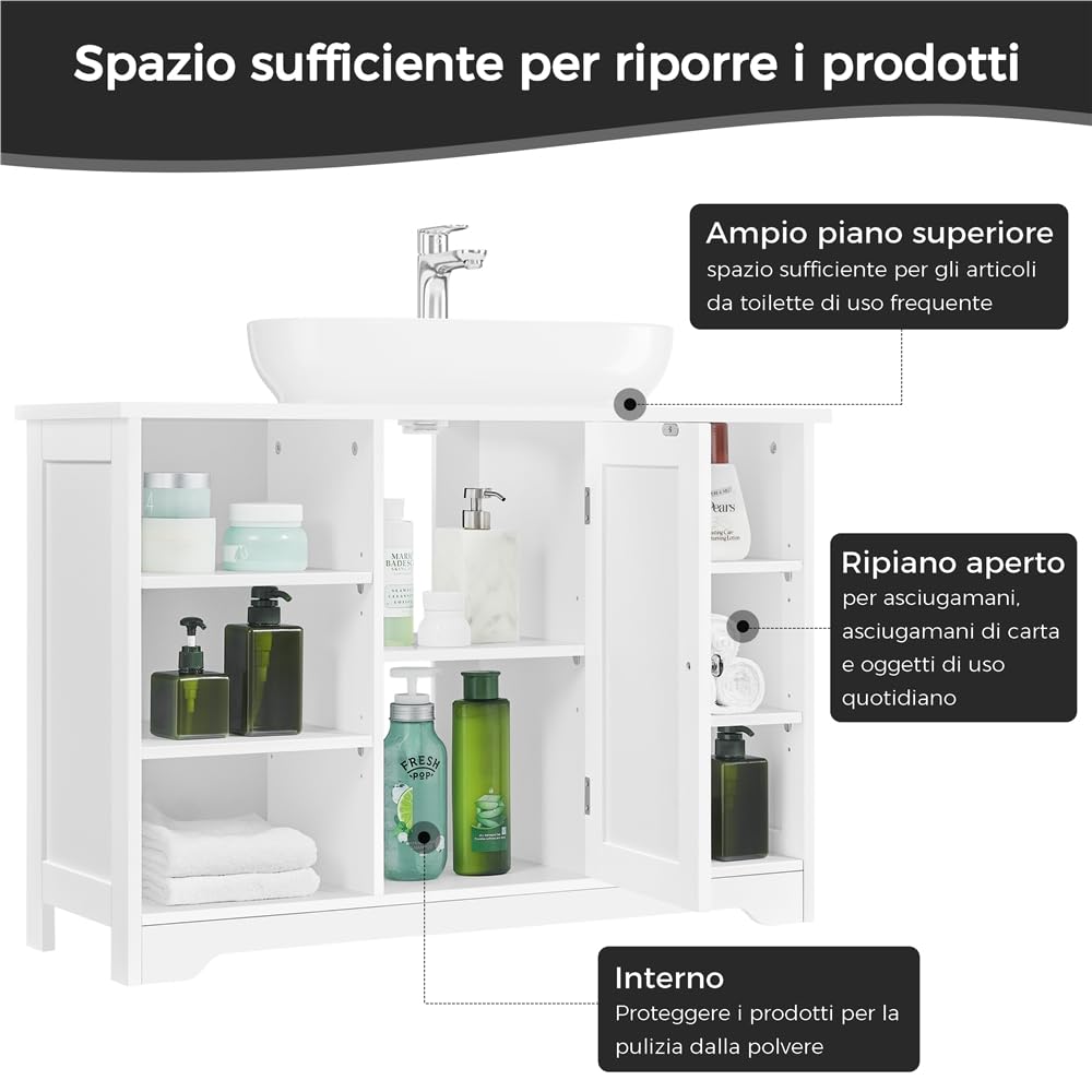 Yaheetech Mobile da Bagno Sottolavabo Mobiletto con Ripiani Portaoggetti Armadietto da Terra per Lavandino Mobile da Archivio con Anta in MDF 60 × 30 × 90 cm Bianco