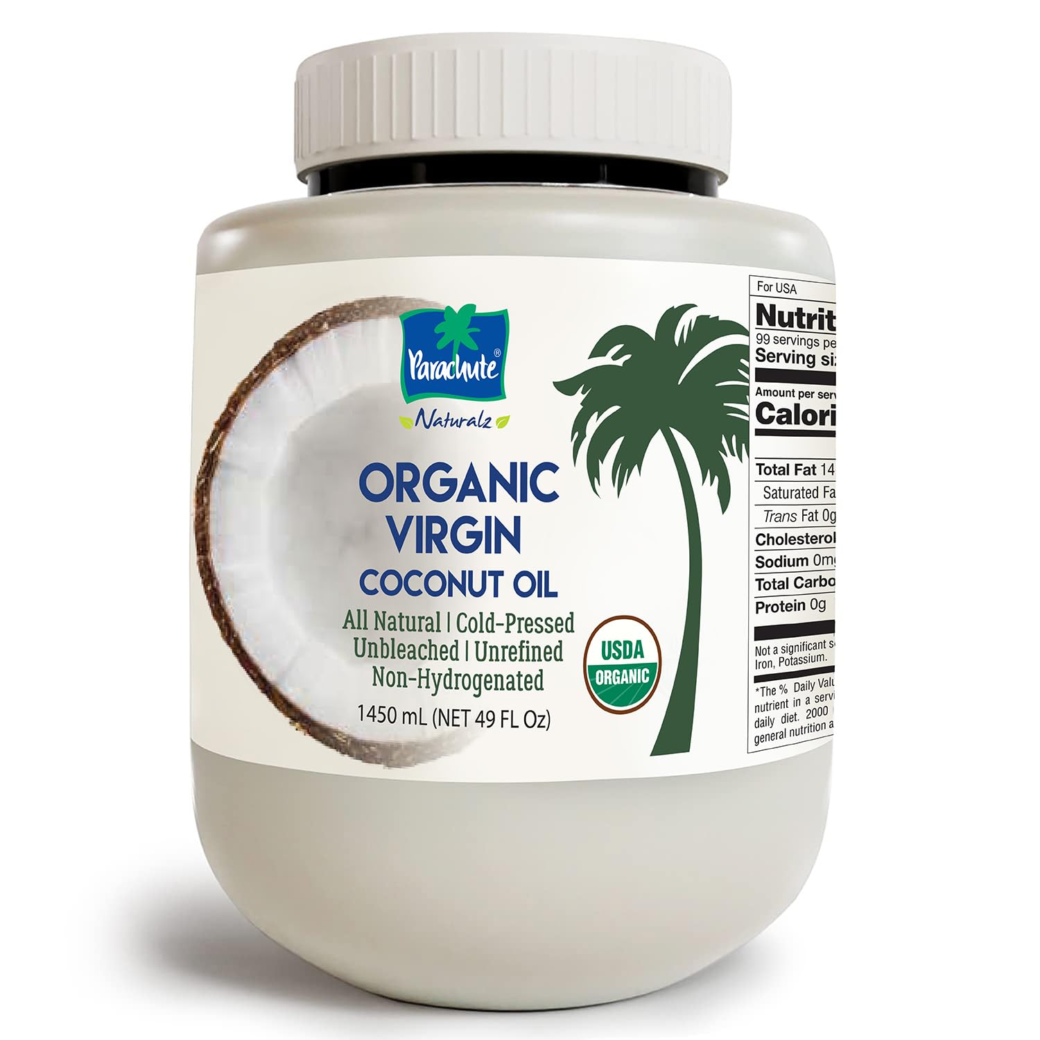 "Parachute Naturalz Organic Virgin Coconut Oil | Cooking Oil, Hair Oil, Body Oil & Oil Pulling | Cold Pressed | Unbleached | Unrefined | Non-Hydrogenated | MCT Oil | USDA Certified | 49 fl oz | Plastic Jar"