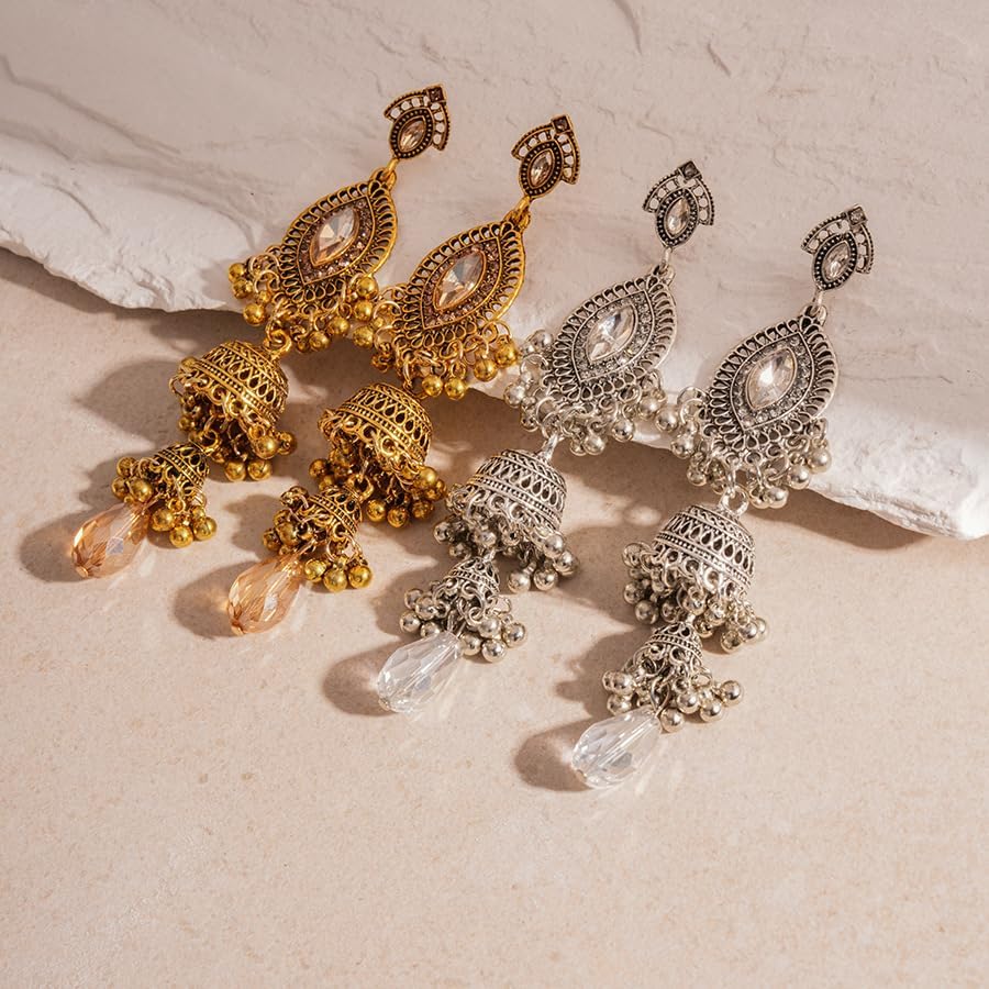 Bohemian Long Tassel Earrings for Women Vintage Gold Silver Bells Layered Earrings Ethnic Style Chandelier Dangle Drop Earring Elegant Pearl Crystal Bridal Wedding Jewelry - Image 7