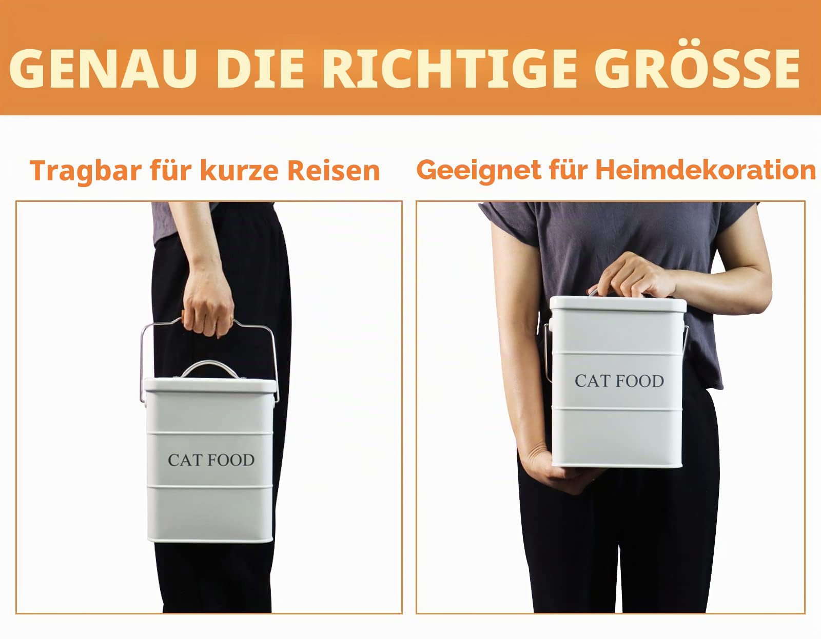 Geyecete - Futtertonnen für Haustierfutter, Vorratsbehälter mit Deckel und Schaufel, Metall futterbox Behälter mit holz griff für Katzen Trockenfutter -2,5 kg Kapazität- Weiß