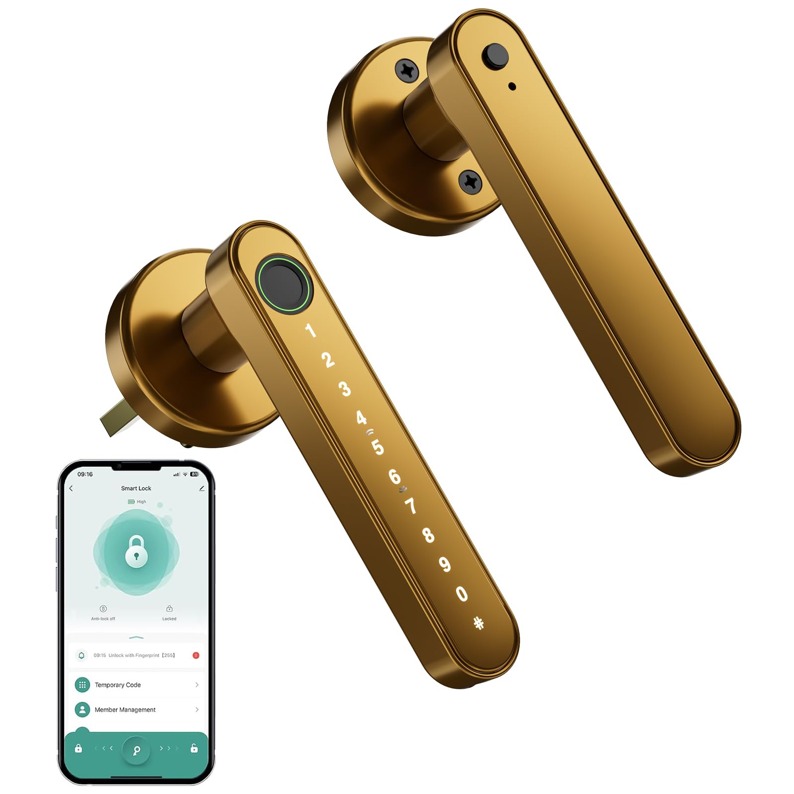 Smart Fingerprint Door Lock Keyless Entry Door Lock for Front Door -Gold