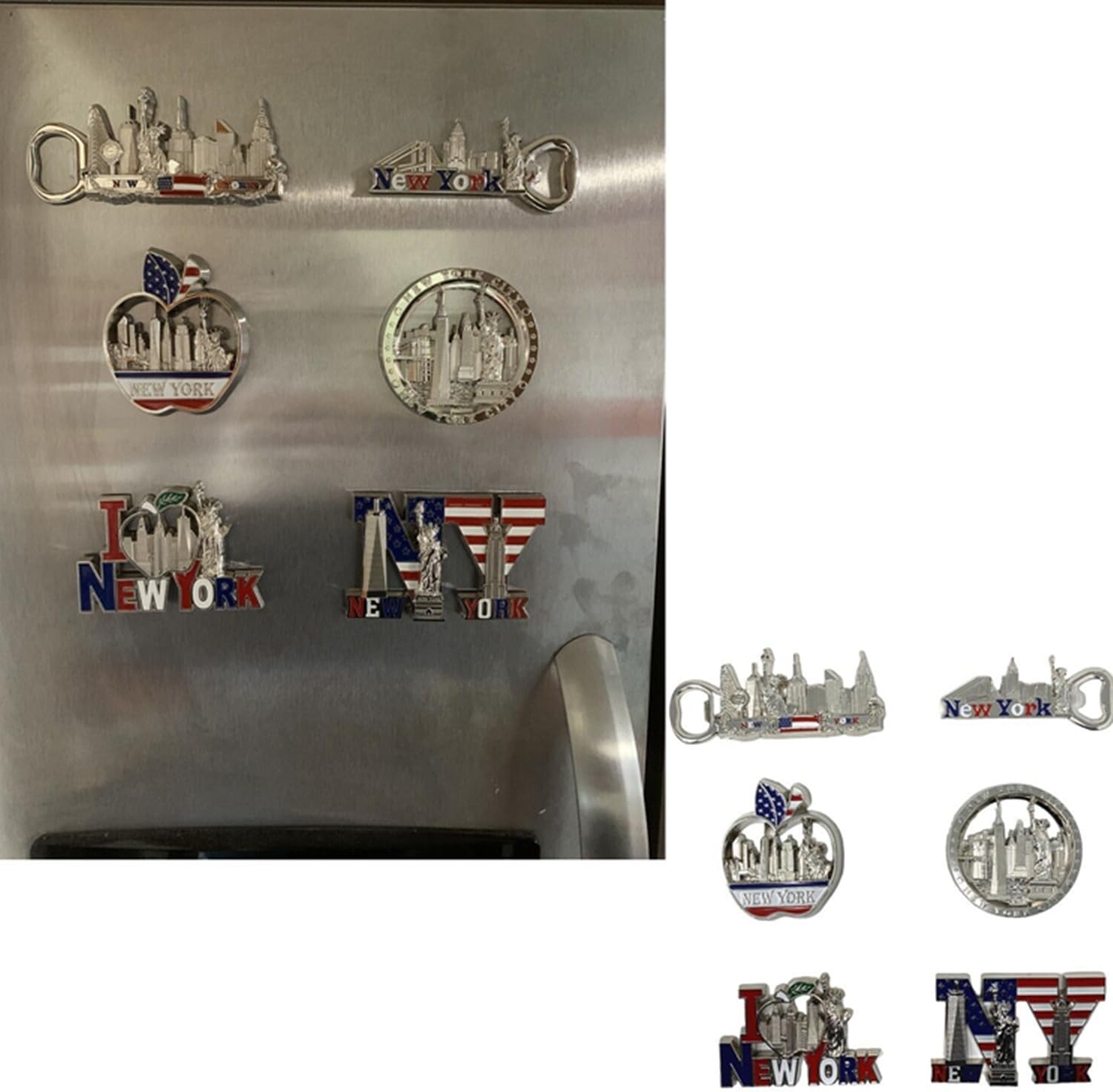 6 Pack Silver Bundle NYC Metal Fridge Magnets New York Souvenir Empire State Building, Skylines, Statue of Liberty, Brooklyn Bridge, Big Apple, USA Flag, Fridge Magnet Bottle Opener image 4