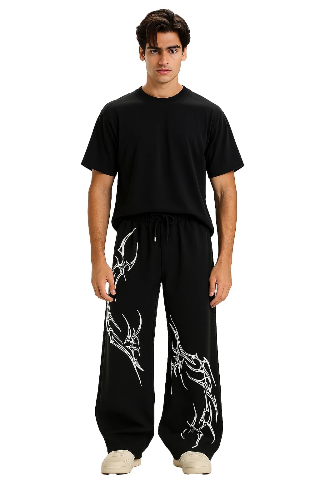 Aesthetic Gothic Wide Leg Pants for Men | Tribal Print Baggy Streetwear | Oversized Track Pants with Elastic Waist | Black and White Relaxed Fit Bottoms