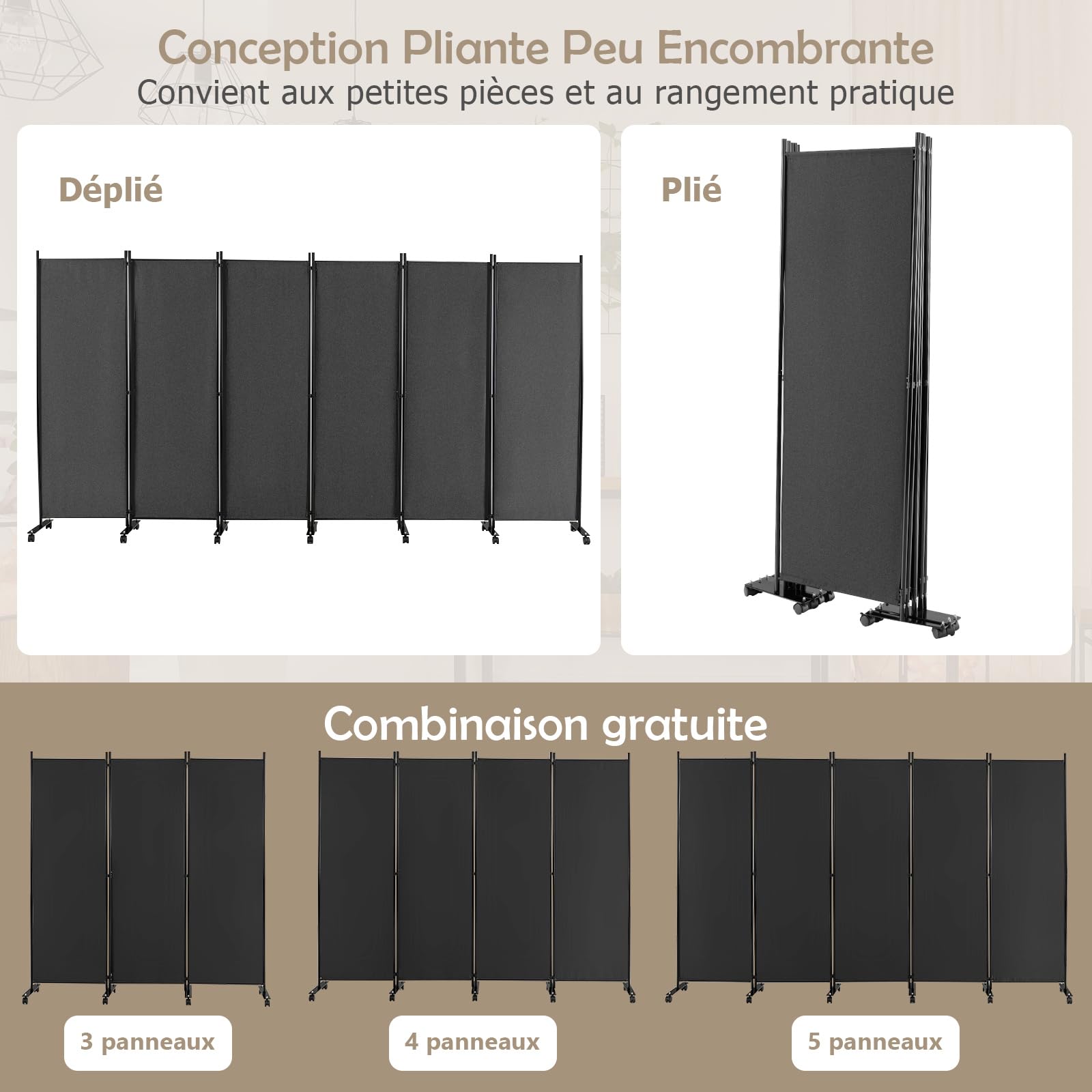 GOPLUS Paravent Pliable 6 Panneaux avec Roues, Brise Vue Intérieure et Extérieure avec Support en Métal,Paravent de Chambre Retractable 334,5x172CM, pour Salon, Chambre, Hôpital(Gris)