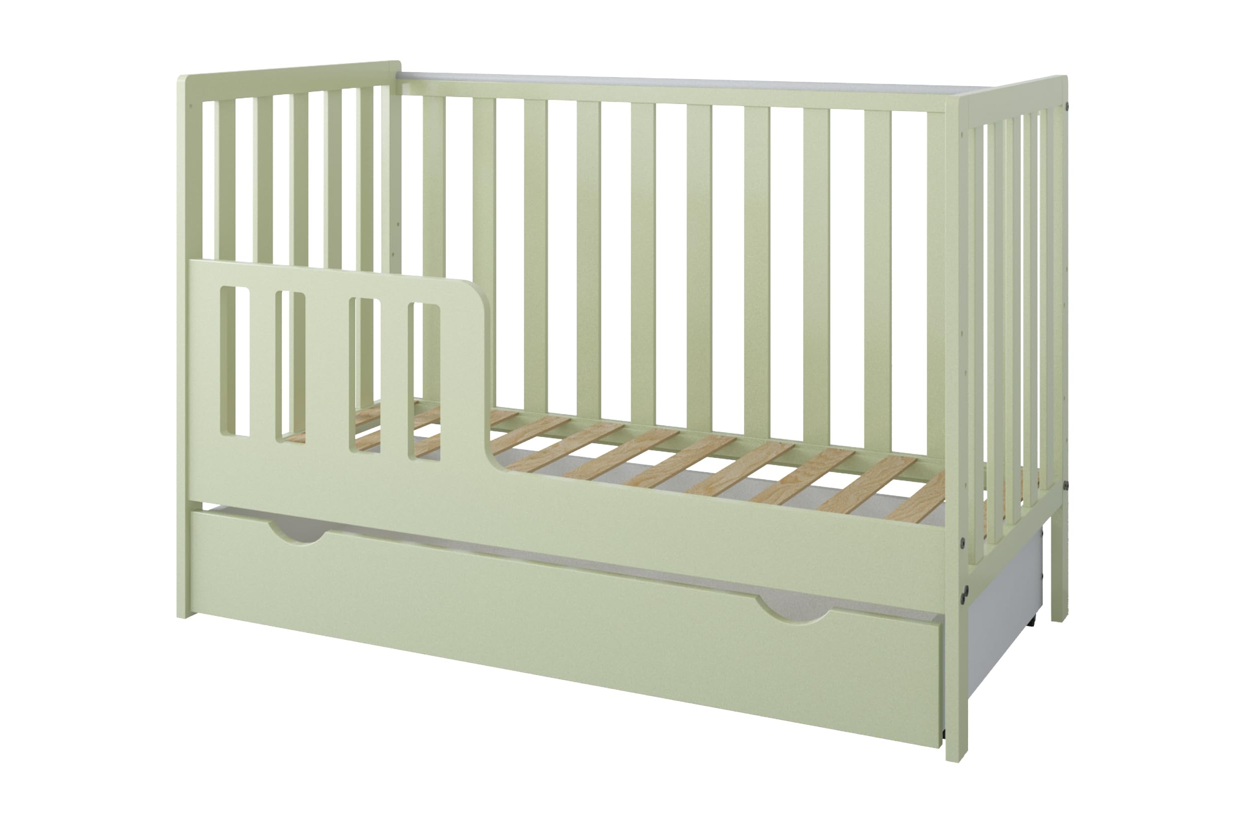 zee Cuna Bebé LUMI 120x60 cm 2 en 1 Convertible en Cama Infantil Verde Menta con Cajón y Barandilla Seguridad Madera de Pino Altura Regulable EN 716