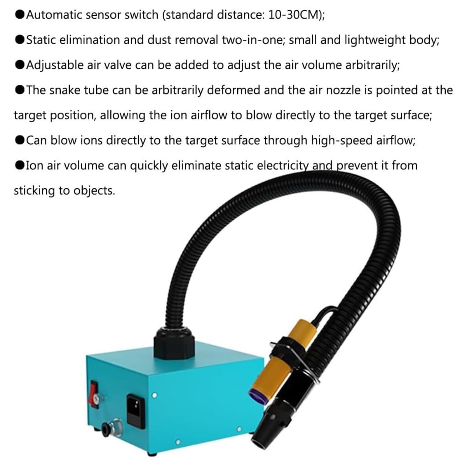 Serpiente de aire ionizante de pistola antiestática, eliminación estática industrial, volumen de aire se puede ajustar, eliminador estático industrial de 2 tubos, inducción automática para eliminación