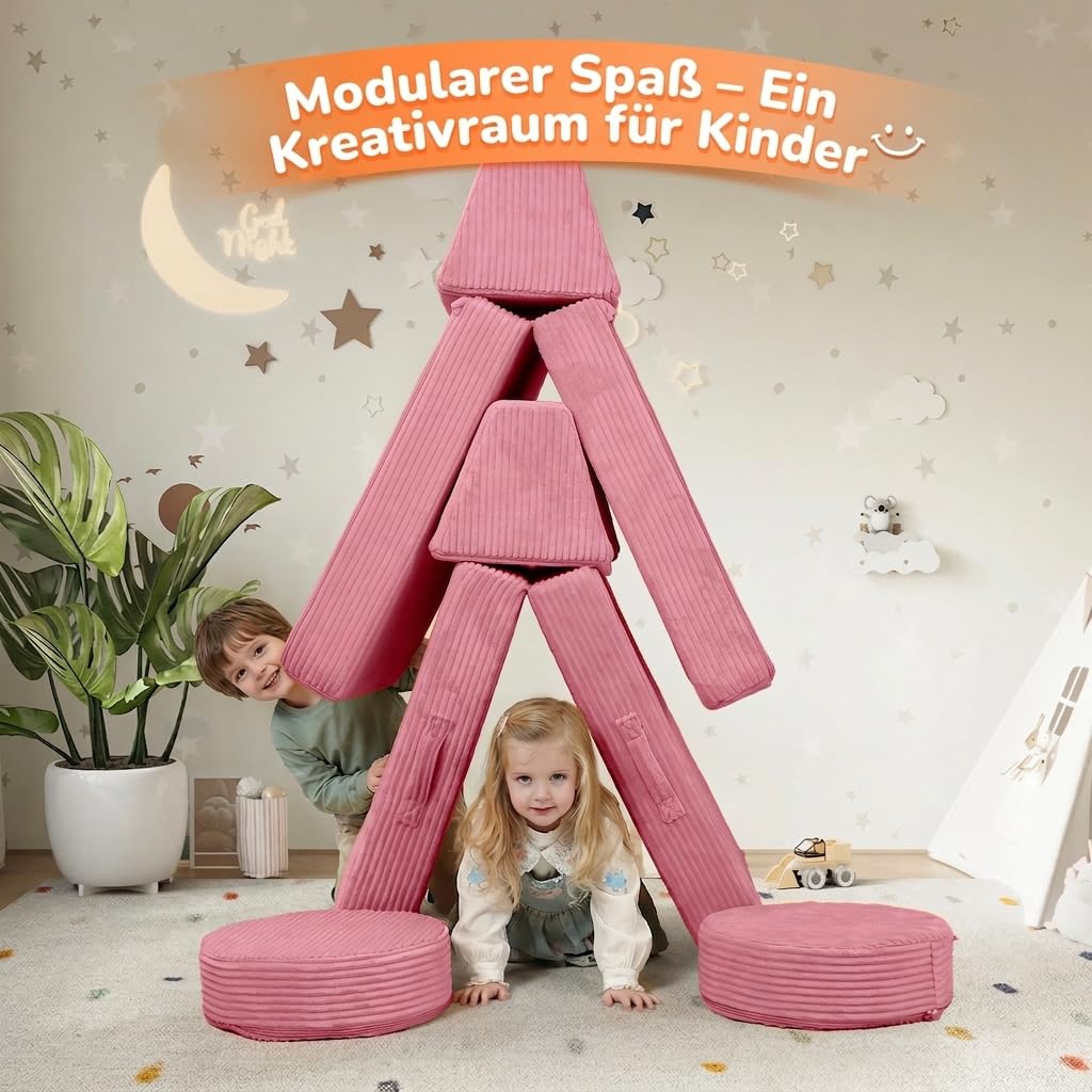 MeMoreCool Cord Spielsofa Kinder, Modulare Schaumstoff Couch Rosa | Weiche Schaumstoff Bausteine Couch für Kinder, Ideal als Kuschelecke und Kreativer Indoor-Spielplatz im Kinderzimmer