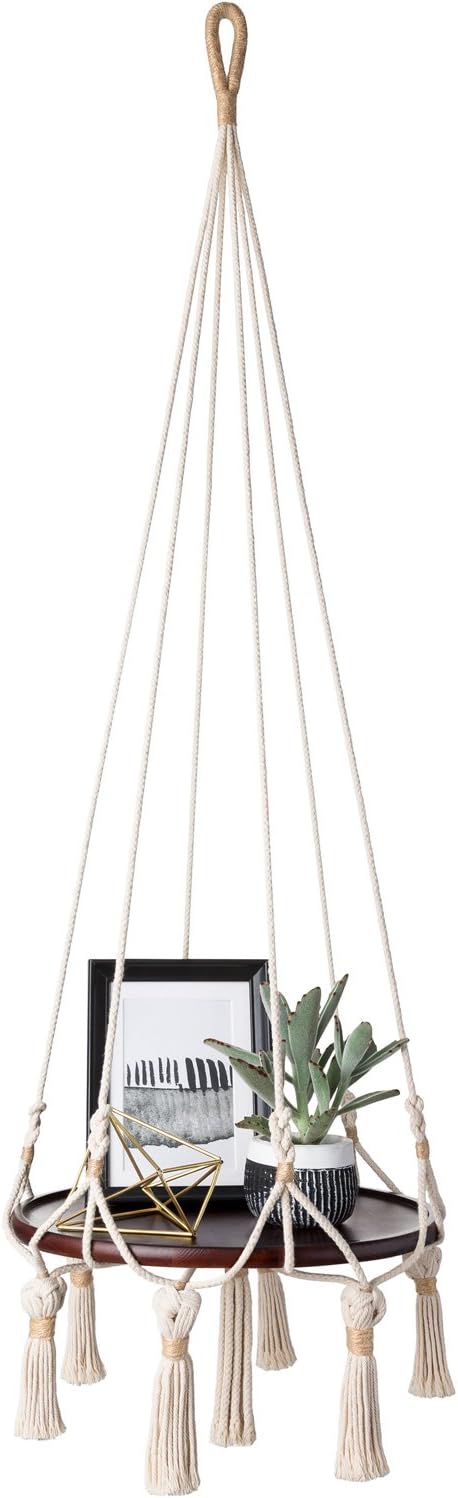Mkono Hanging Shelf Macrame Plant Hanger Flower Pot Holder Boho Home Decor (with Wood Plate)