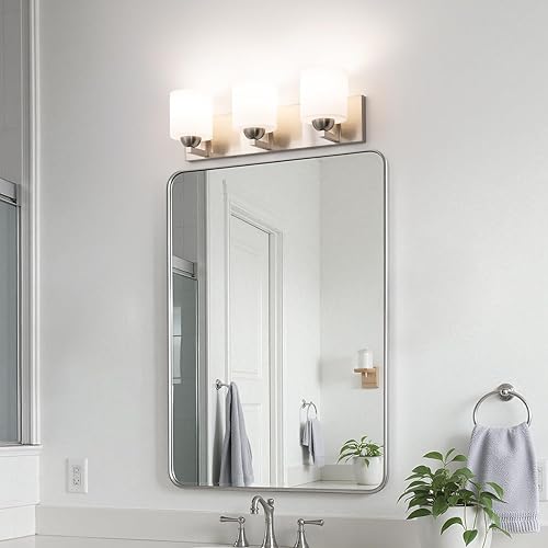 Miniatura 8 de mirrea Lámpara de tocador de níquel cepillado de 22 pulgadas con 3 luces para espejo, aplique de pared de baño con pantallas de vidrio blanco