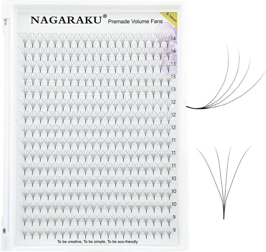 NAGARAKU Premade Fans Eyelash Extensions 320 Fans 4D Volume 0.07mm D Curl 9-14mm Mix Tray Sharp Narrow Stem Clusters Thin Pointy Base Russian Pre Fanned Fluffy Matte Black