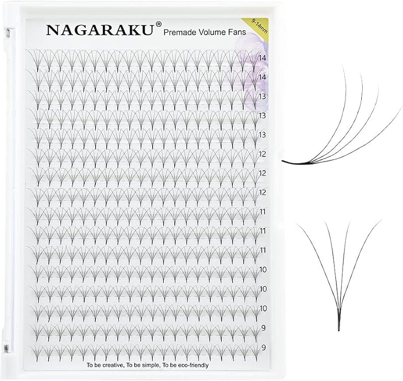 NAGARAKU Extensões de Cílios em Leques Pré-montados 4D, Curvatura D, 0,07 mm, 9–14 mm, Preto Fosco, 320 unidades