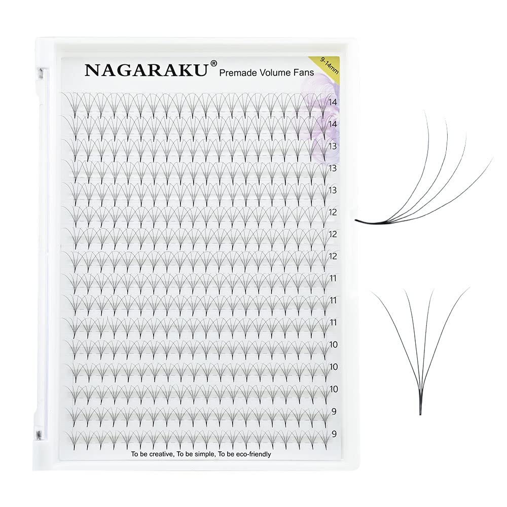 NAGARAKU Extensiones de Pestañas 320Pcs Ruso Volumen Tallo Largo Abanicos Prefabricados Base Fina Y Puntiaguda Pestañas Postizas Esponjosas Naturales Preabanizadas Negro 16 Filas(4D 0.07 C 9-14mm)