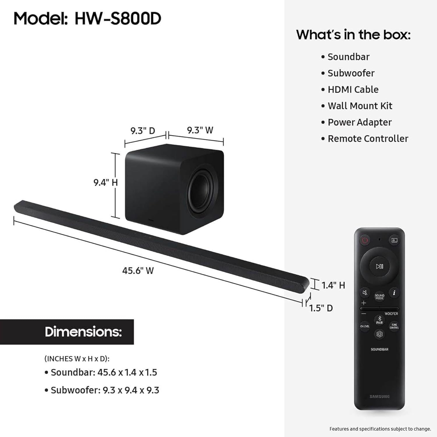 (Renewed) Samsung S800D 3.1.2ch Soundbar w/Wireless Dolby Atmos, HW-S800D/ZA (2024)