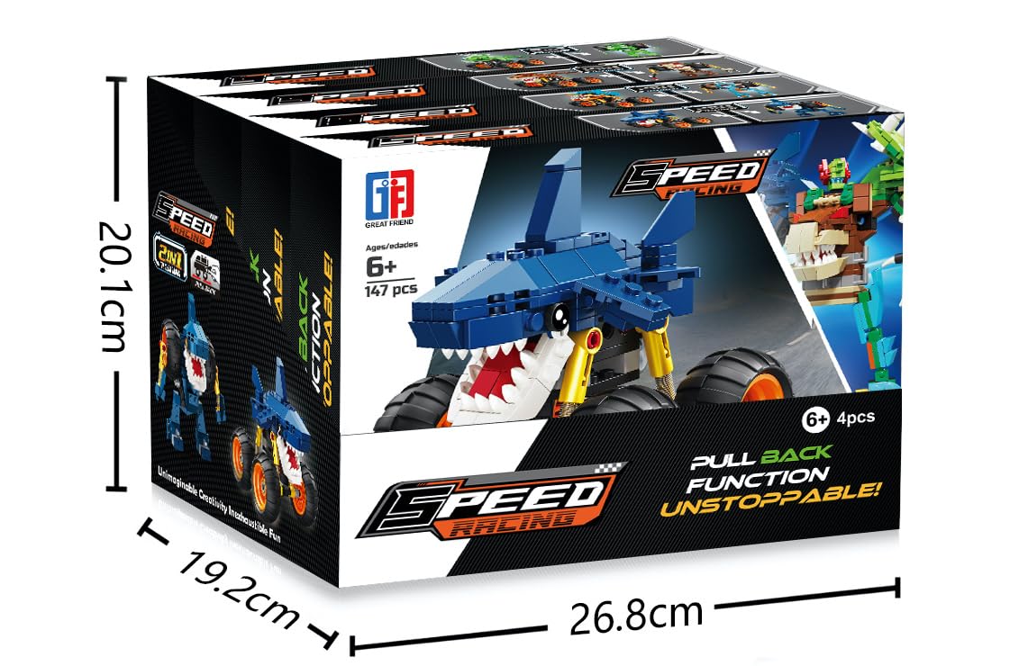 iZEL Kids 2-in-1 Bricks Transforming Technology Pull-Back Shark/Piranha/Tyrannosaurus Rex/Triceratops Monster Big Wheel Pack of 4 Boxes (147-165 PCS) - Image 3