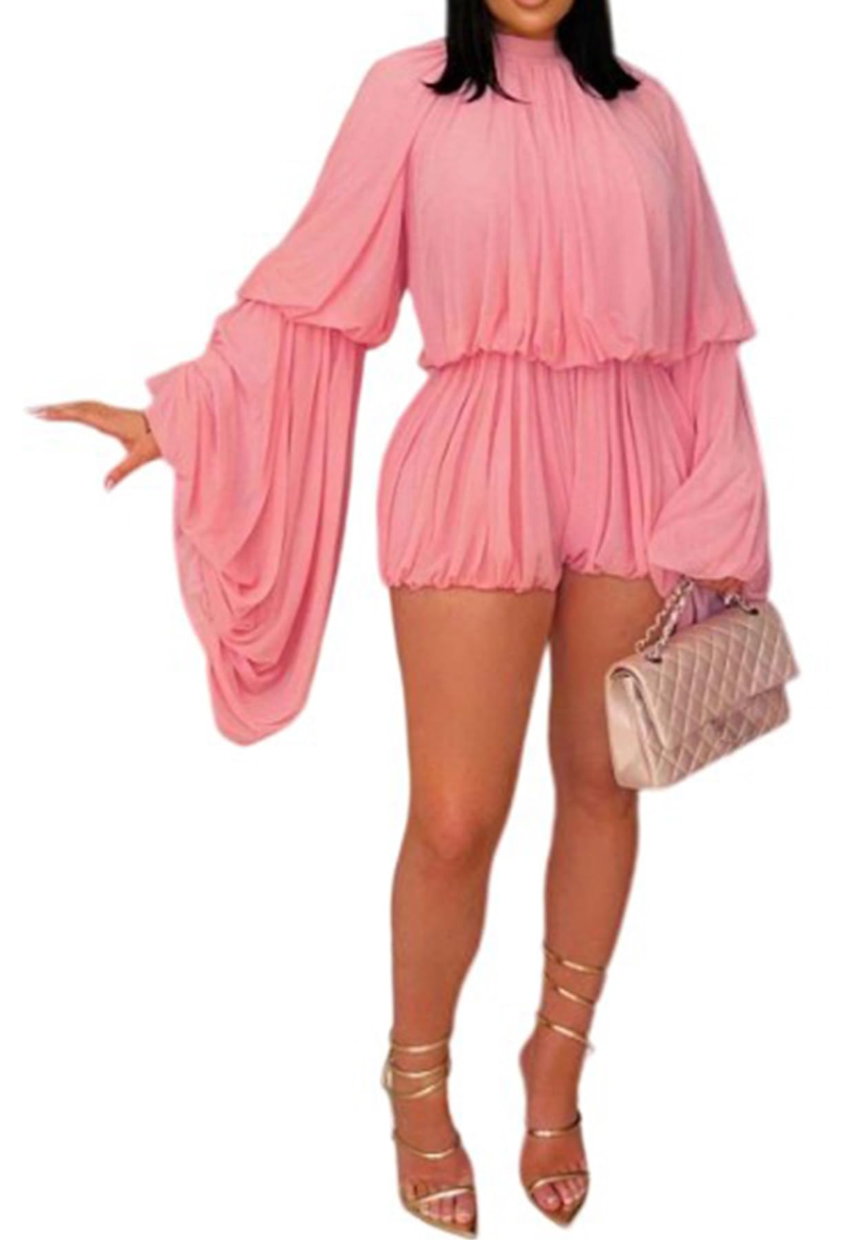 Quzzion Women's Chiffon Boho Jumpsuit Long Sleeve Layered Ruffles Pleated Two Piece Outfits Crew Neck Shorts Sets