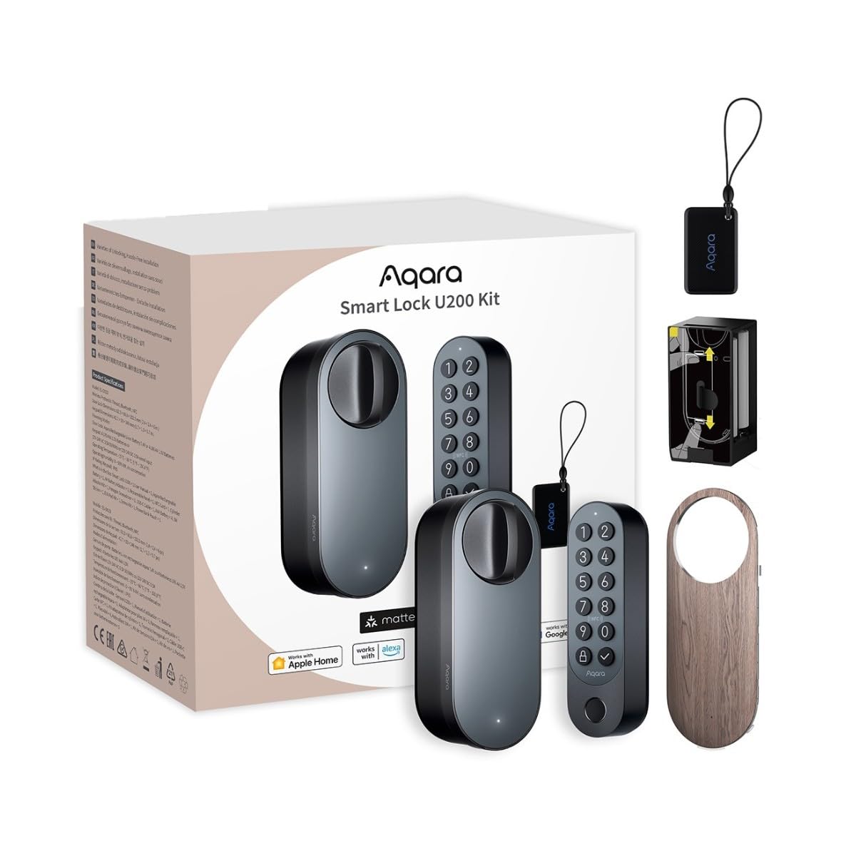 Smart Lock U200 Kit,Matter over Thread,Keyless Entry Door Lock with Home Key and Rechargeable Battery, Supports Homekit, Alexa and -Global version Black