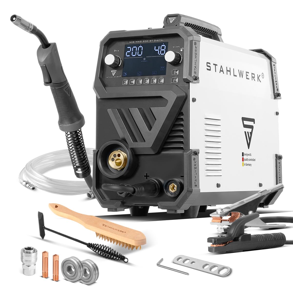 STAHLWERK Soldador MIG/MAG 200 ST Digital – Máquina de soldar | Inverter con 200 A, MMA (Electrodo/ARC), FLUX (hilo hueco), posibilidad de soldar sin gas, Spot, avance de hilo sinérgico