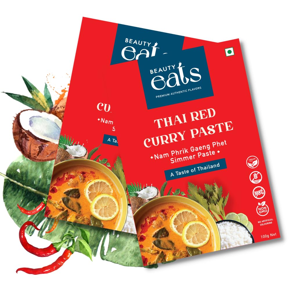 Beauty Eats Thai Red Curry Paste | 100% Vegetarian | MSG Free | Preservative Free | Serves 4-6 people | No Artificial Coloring | Ready to Cook | people | Vegan (Pack of 1, 100gm)