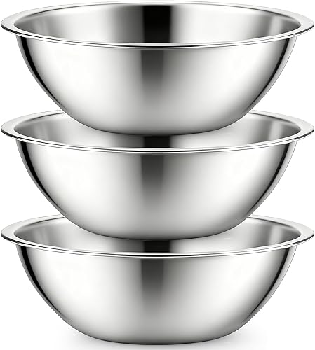 Suwimut Paquete de 3 cuencos de acero inoxidable para mezclar, 6 cuartos de galón de base plana de acero inoxidable para servir, 13 pulgadas pulido