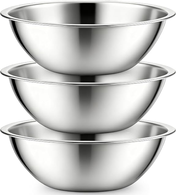 3 Pack Stainless Steel Mixing Bowls, 6 Quart Flat Base Stainless Steel Serving Bowls, 12.6 Inch Mirror Polish Large Metal Bowl Set for Kitchen Cooking, Baking, Prepping