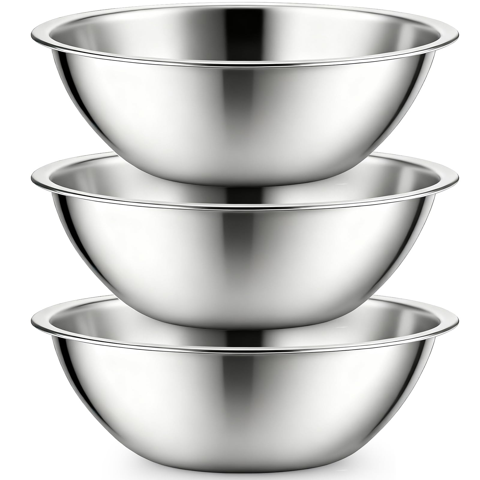 Suwimut 3 Pack Stainless Steel Mixing Bowls, 6 Quart Flat Base Stainless Steel Serving Bowls, 13 Inch Mirror Polish Large Metal Bowl Set for Kitchen Cooking, Baking, Prepping