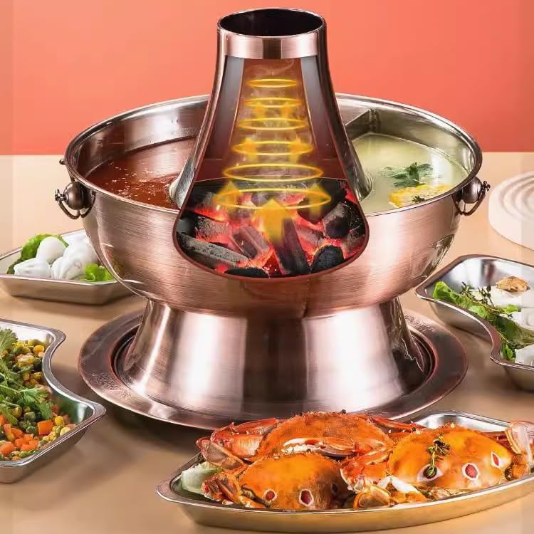 Mongolischer Hot Pot, klarer Suppen-Hotpot und chinesischer Holzkohle-Heiztopf sind geeignet mit Schornstein, mit Undichter Löffel und Löffel,Messing,36CM