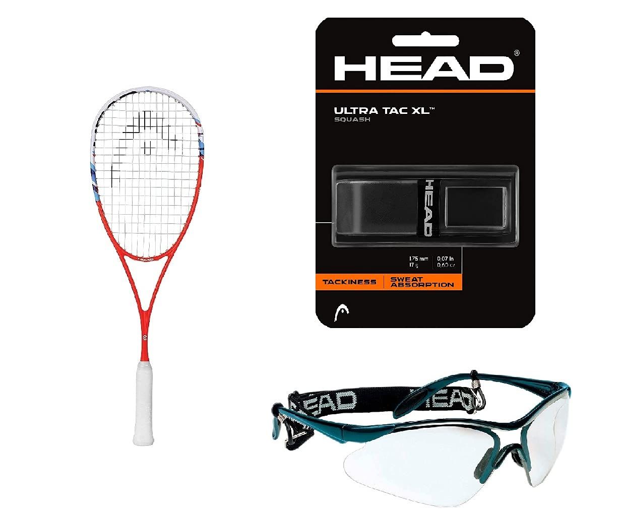 HEAD SQUASH RACKET GRAPHENE XT XENON 120 SB WITH RAVE SQUASH GOGGLES AND ULTRA TEC XL BLACK SQUASH GRIP