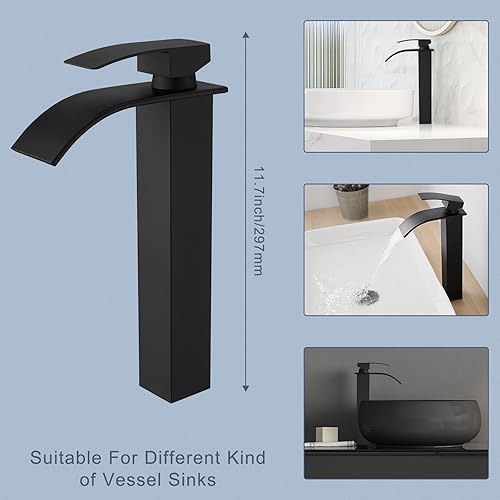 Miniatura 4 de RUMOSE Grifo de baño alto negro mate con drenaje emergente, moderno, de una sola manija, un agujero, grifo de lavabo de cascada, grifo de lavabo de