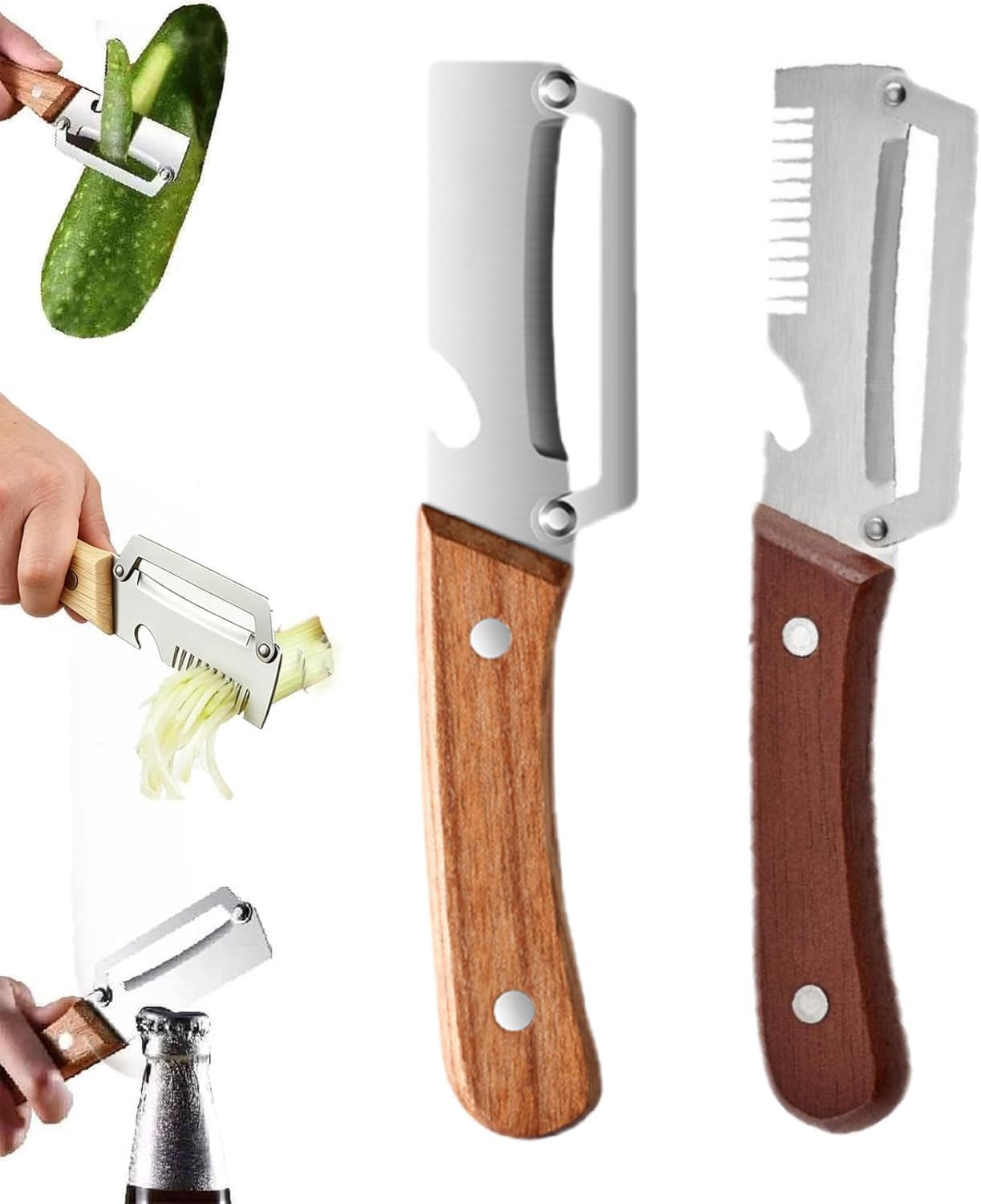 Éplucheur Multifonction 3 en 1 Acier Inoxydable avec Manche en Bois, Coupe-Légumes et Ouvre-Bouteille