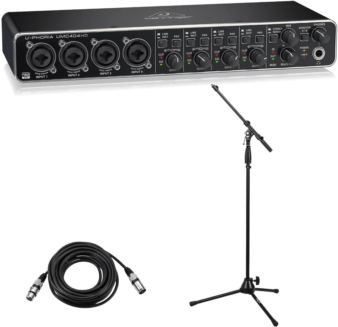 Behringer U-PHORIA UMC404HD USB 2.0 Audio Interface - Bundle With XLR Professional Microphone Cable 15', Tripod Microphone Stand with Telescoping Boom (3 Items)