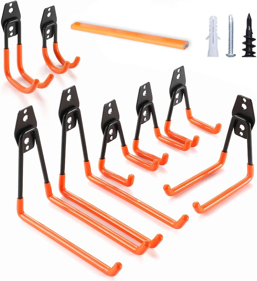 Garage Hooks Heavy Duty, Steel Garage Storage Hooks Tool Hangers for Shed Garage Wall, Shed Hooks for Garden, Bike and Bulky Items with a Carpenter Pencil 8-Pack (Black+Orange)