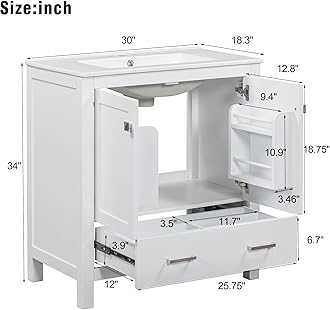 Merax 30" Bathroom Vanity with Single Sink, Combo Cabinet Undermount Sink, Bathroom Storage Cabinet with 2 Doors and a Drawer, Soft Closing, Multifunctional Storage, Solid Wood Frame, White