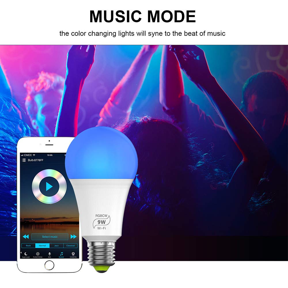 Bombilla inteligente Wifi Alexa E27, funciona con Alexa y Goole Home, no requiere concentrador (9W regulable, color RGB blanco 2700K-6500K, WiFi de 2.4GHz) (paquete de 4)