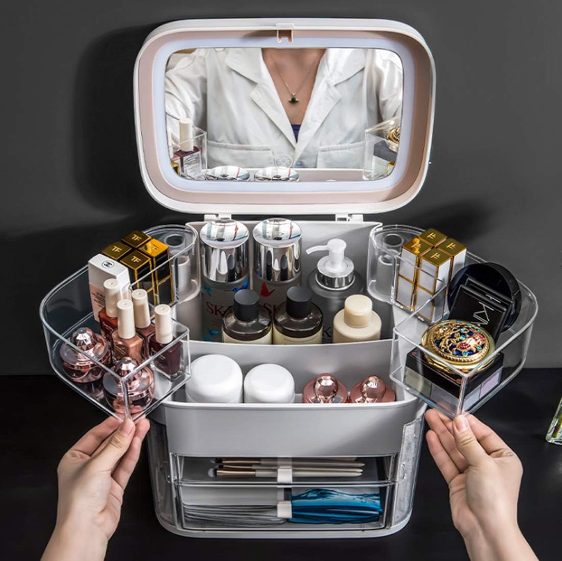 Makeup Organizer with LED Mirror Portable Table Desktop Finishing Box with Light Jewelry and Cosmetic Storage Display Case for Bathroom Dresser Gray