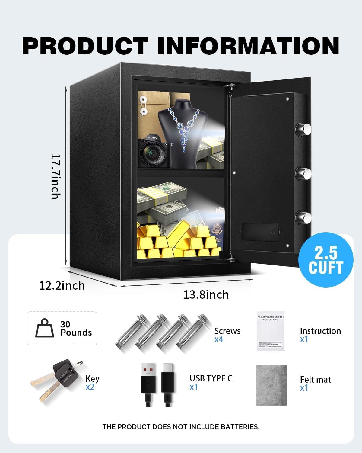Coffre-fort numérique ignifuge de 2,5 m³ avec accès d'urgence USB-C, capteur lumineux LED et doublure intérieure douce pour documents, espèces, passeports et bijoux