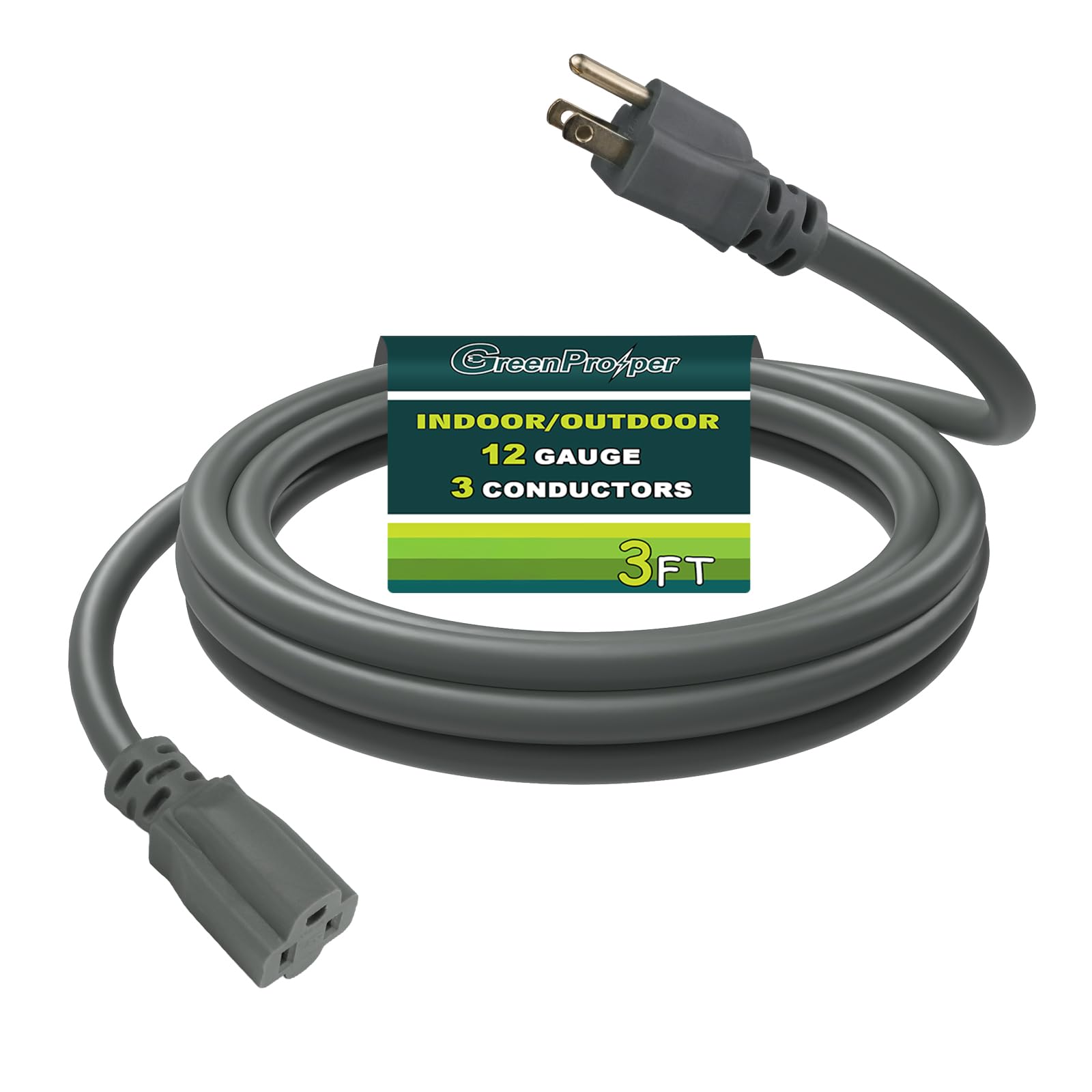 3 FT 12 Gauge Extension Cord Outdoor, Heavy Duty Weatherproof & Flame Retardant Grey 3 Prong Power Cord, Outside for Garden & Lawn, 15 Amps 1875 Watts 125 VAC 12AWG SJTW, UL Listed