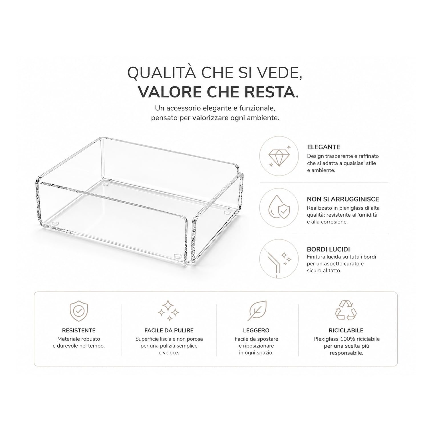 Agplex Kit Cortesia Bagno in Vetro Acrilico Trasparente 17x12x5 cm, Contenitore per Saponi, Creme e Accessori, Design Moderno per Hotel, Spa e Casa, Made in Italy