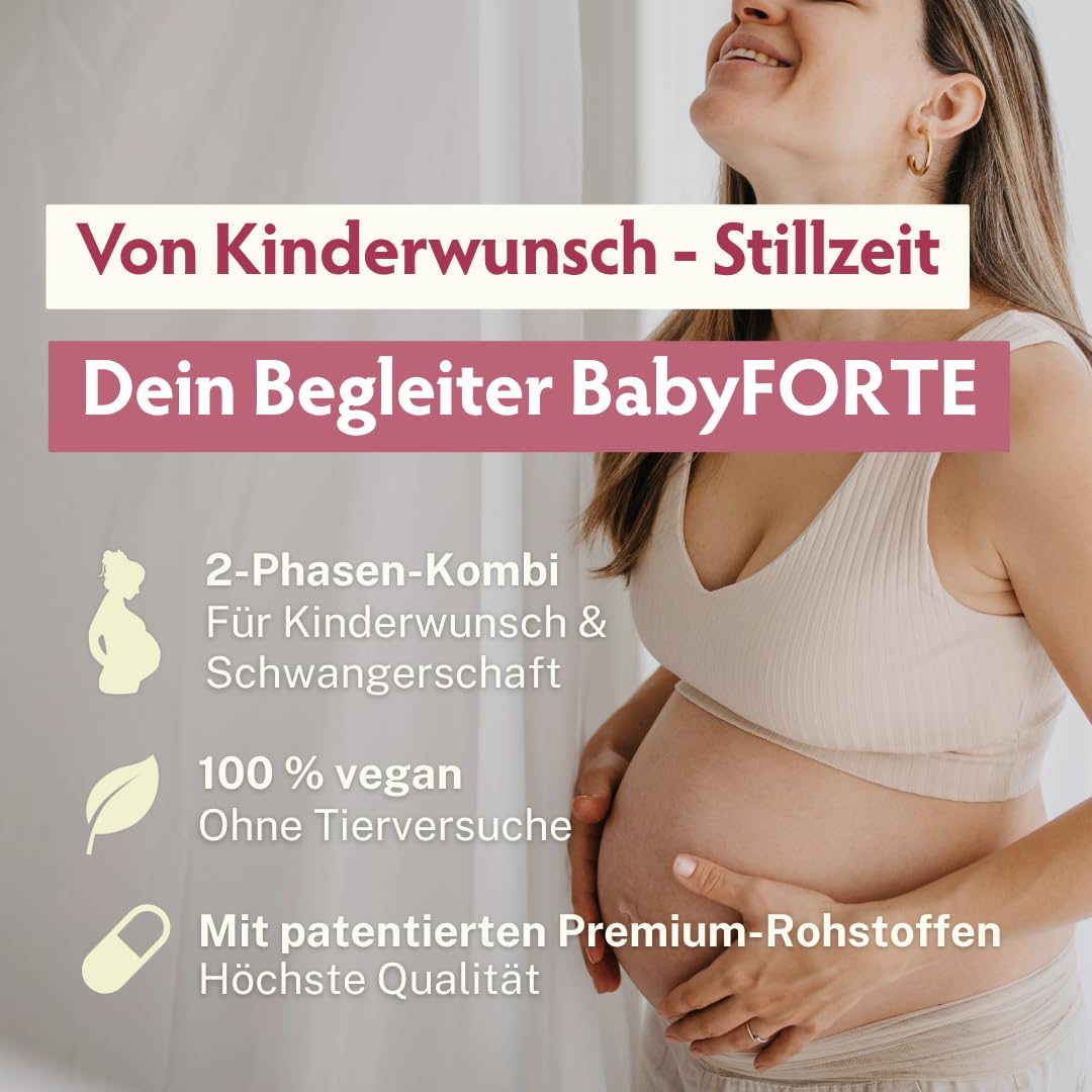 BabyFORTE® FolsäurePlus | vegan | Schwangerschaftsvitamine - Kinderwunsch Vitamine | 16 Nährstoffe | 180 Kapseln + Laborgeprüft
