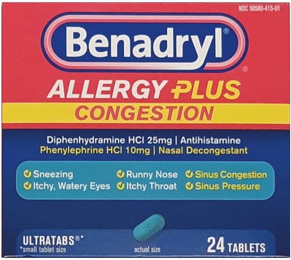 Benadryl Alergia + Congestão, 24 Comprimidos Cada (Pacote com 5) - Alívio Rápido e Eficaz para Sintomas de Alergia