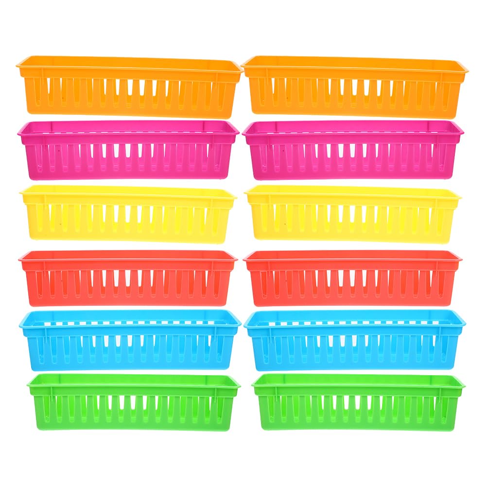 Tofficu 12pcs Colorful Pencil Holder for Kids Desk Plastic Pen Baskets Tray for Classroom Storage Small Stackable Stationery Caddy for Teachers and Students