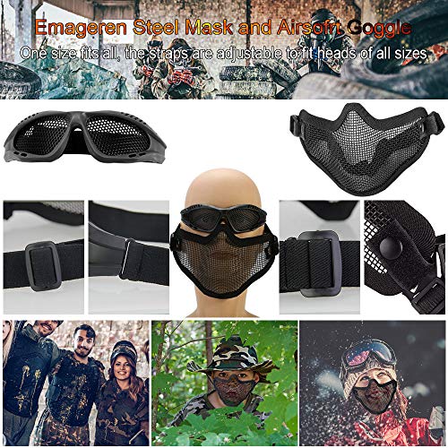 EMAGEREN Airsoft Masken Faltbare halbe Gesichtsschutz Maske Mesh Maske Schutzmaske mit Softair Schutzbrille Klar Stahl Maske Schutzbrille Militärschutzmaske für Halloween Cosplay Softair Paintball CS
